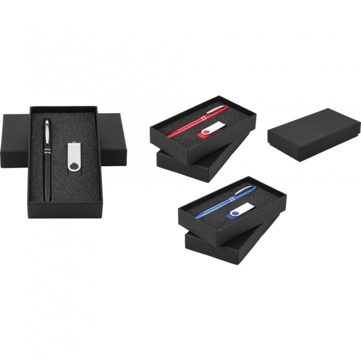 Kırmızı Kalem ve USB Bellekli Siyah Kutulu Logo Baskılı VIP Promosyon Seti